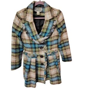 Nick & Mo Women's Size Small Retro Plaid Tweed Jacket Coat, Fringe Wool